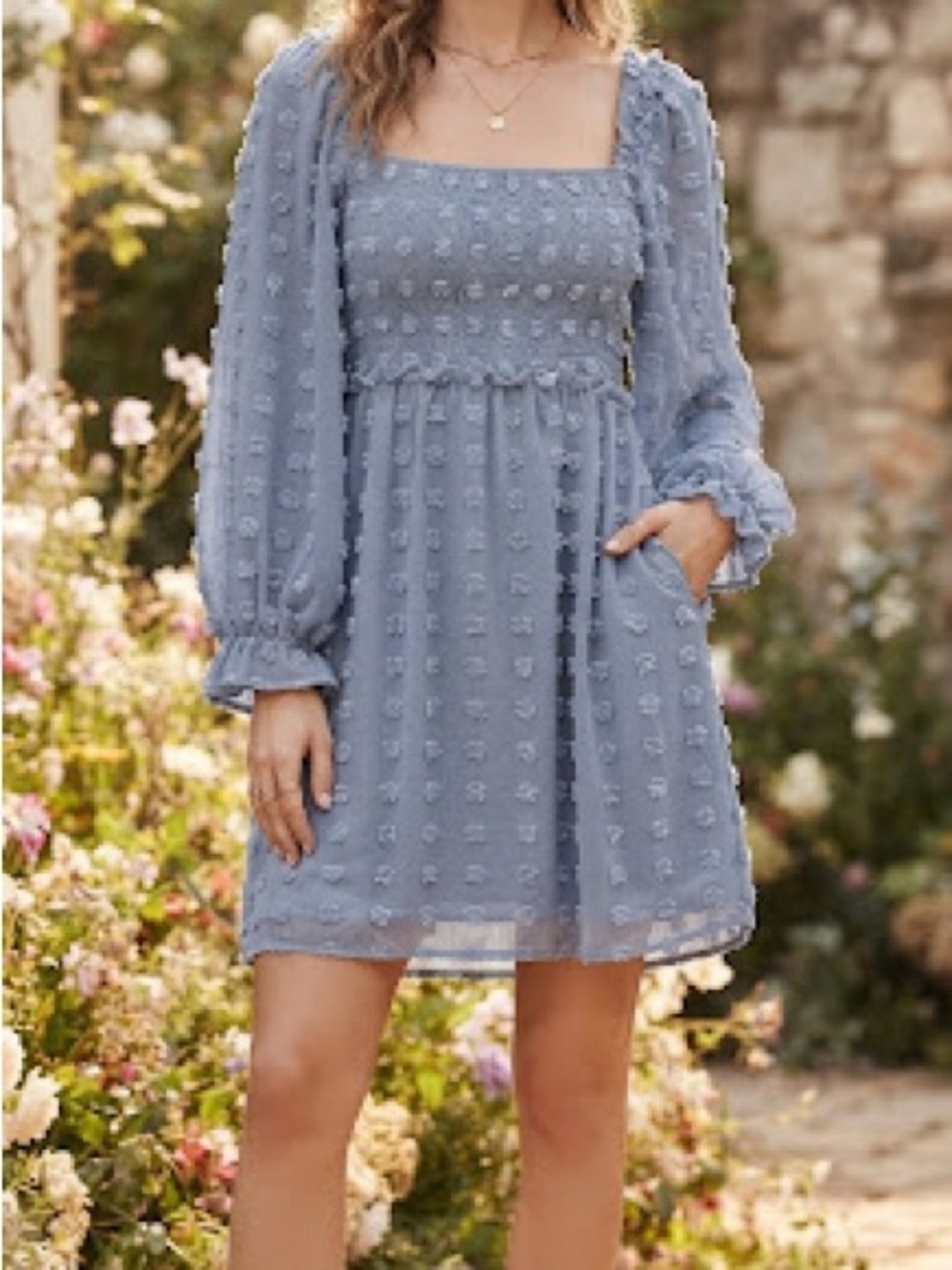 Bohemian Babydoll Dress With Balloon Sleeves Textured Polka Dots L Whimsy Fairy